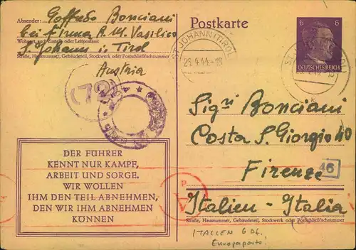 1944, Ganzsachenkarte ab St. JOHANN (TIROL) zum Europaporto von 6 Pfg nach Italien. Mit italienischer und deutscher Zens