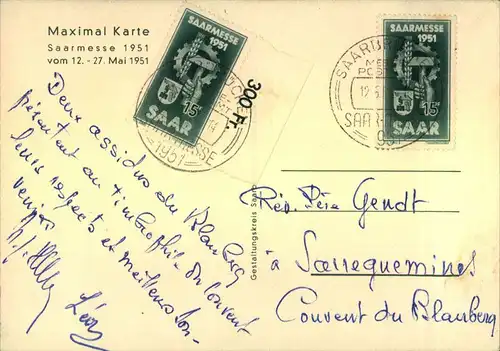 1951, Saarmesse, Werbekarte mit 2-mal 15 Fr. und Ersttagssonderstempel ab SAARBRÜCKEN nach Frankreich.