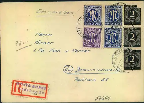1946, Einschreiben mit Mischfrankatur AM-Post/Ziffer,Not-R-Zettel "Oberhausen Sterkrade"
