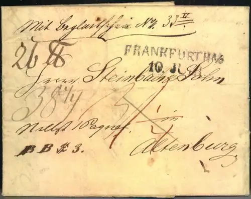 1829, Paketbegleitbrief ab FRANKFURT A. O. Minimale Knitter.