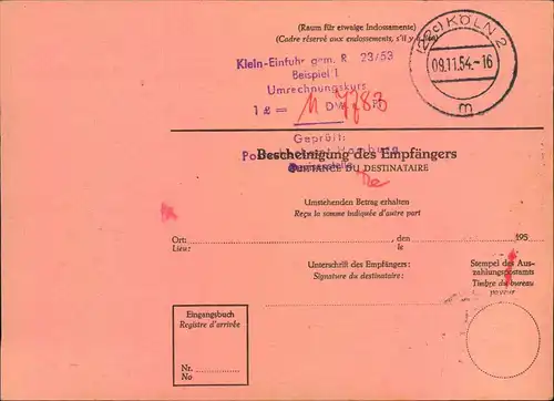1954, 50 Pfg. Heuss als EF auf kompletter Postwanweisung abHAMBURG nach GB