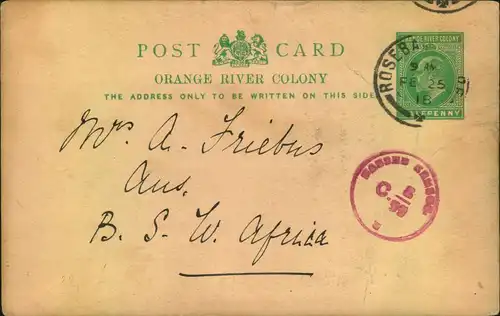 1918, !/2 d stat. Card sent from ROSEBANK South Africa with red censor mark to British South West Africa.