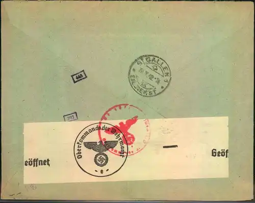 1942, Eilbrief 2. Gewichtsstufe mit 40 und 50 Pfg. Hitler ab BREMEN in die Schweiz. OKW Zensur.