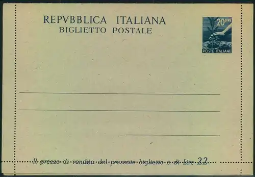 1945, card letter 20 Lire olive tree unused. Biglietto Postale