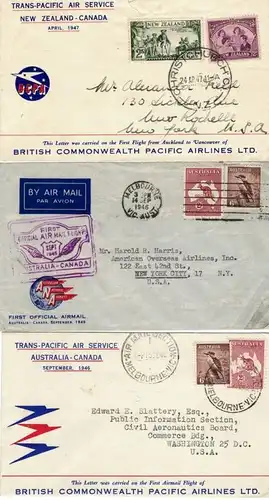 1946/1947, Trans-Pacific Air Service, three covers Australia/New Zealand - Canada - airmail