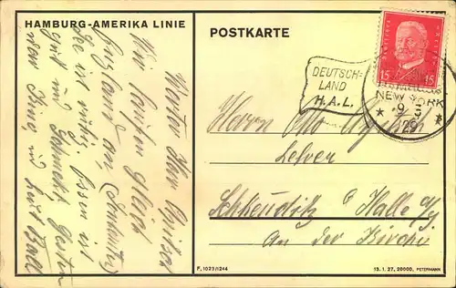 1929, Postkarte der ""Hamburg-Amerika-Linie"" mit Seepoststempel HAMBURG-NEW YORK.