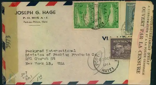 1944, airmail sent from PORT-AU-PRINCE to New York. Twice censored in Haiti and USA.