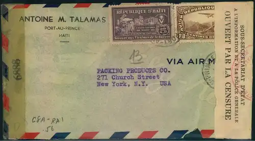 1944, airmail sent from PORT-AU-PRINCE to New York. Twice censored in Haiti and USA.