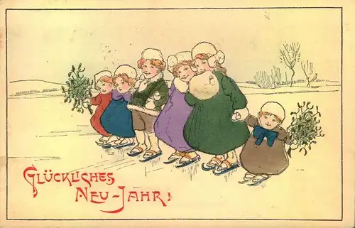 1910 WIEN 50; Glückliches Neu-Jahr, Kinder im Winter auf Schlittschuhe,