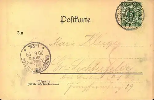 1899 STUTTGART, Totalansicht, Heraldische Postkarte Nr. 10, F. Astholz jun., gel.,Wappen, Engel, Pferd,