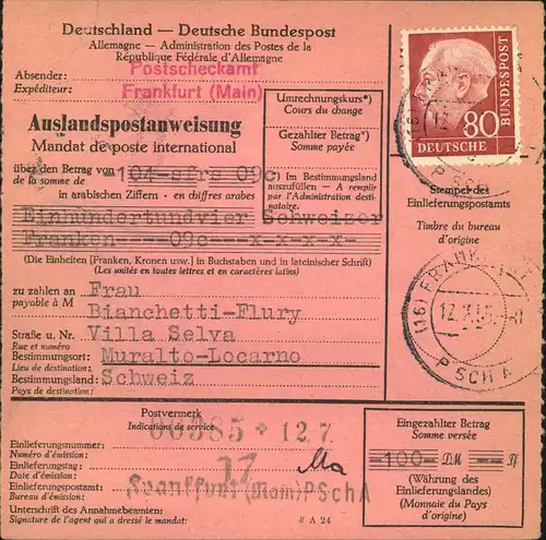 1955, Auslandspostanweisung mit 80 Pfg. Heuss ab FRANKFURT (MAIN) PSCH A in die Schweiz. Rückseitig 90 Rp. Bestellgeld v