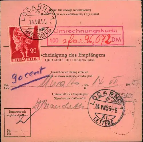 1955, Auslandspostanweisung mit 80 Pfg. Heuss ab FRANKFURT (MAIN) PSCH A in die Schweiz. Rückseitig 90 Rp. Bestellgeld v