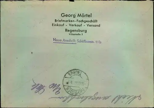 1950, 10 Pfg. Bachsiegel mit Bauten Zusatzfrankatur auf Einschreiben ab REGENSBURG.