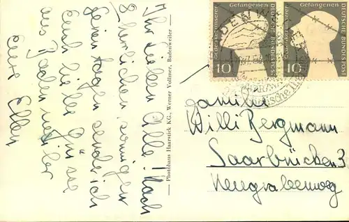1954, Auslandskarte ab BADENWEILER ins Saarland (Mi-Nr. 162)
