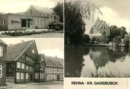 REHNA- KR. GADEBUSCH, echt Foto, ungebraucht, Adler Apotheke, Fachwerkhaus, Kirche, See