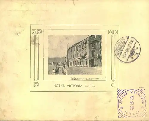 1908, schöner Werbeumschlag " HOTEL VOCTORIA - SALO" - advertisement