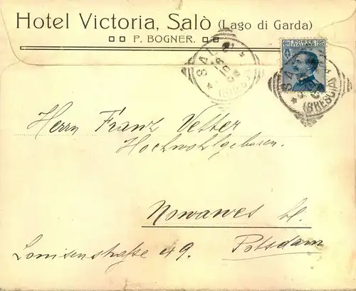 1908, schöner Werbeumschlag " HOTEL VOCTORIA - SALO" - advertisement