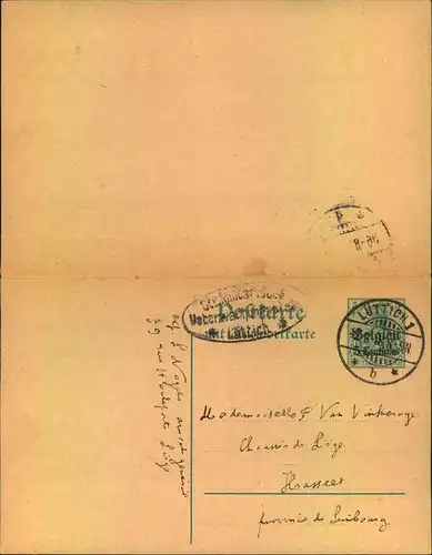 1916, 5 Pfg. Doppelkarte mit deutschem Stempel LÜTTICH und Zensur innerhalb Belgiens.