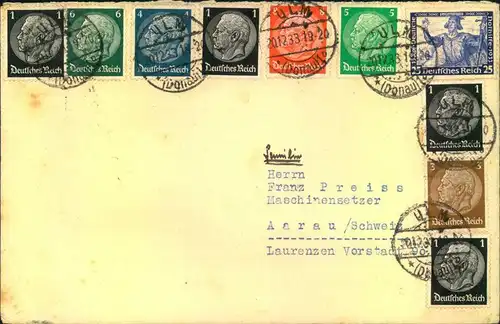 1933, Auslandsbrief ab ULM 20.12.33 mit 25 Pfg. Wagner und 9 Hindenburgwerte in die Schweiz.