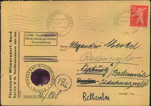 1945, früher Brief in die Französische Zone ab BERLIN-CHARLOTTENBURG 2 - 26.10.45.