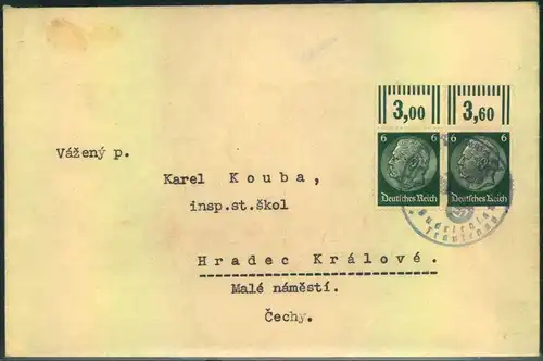 1938, Brief mit OR-Paar 6 Pfg. Hindenburg, Befreiungsstempel TRAUTENAU