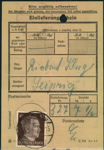 1943, Einlieferungsscheint frankiert mit 10 Pfg. Hitler ab RATHENOW. Aktenloch oben.