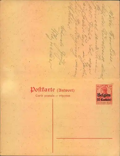 1915, 10 Pfg. Doppelkarte bedarfsgebraucht ab BRUXELLES nach Spandau. Antwort ungebraUcht.