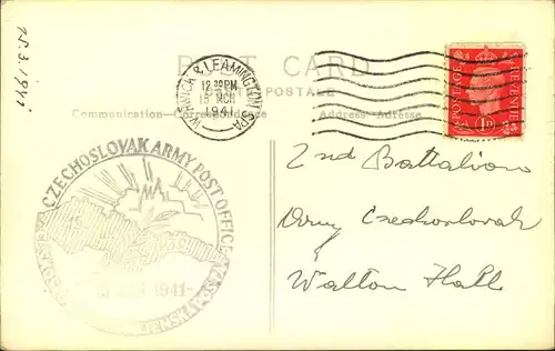 1944, postcard bearing a R. Kipliing text with cachet ""CZECHOSLOVAK ARMY POST OFFICE""