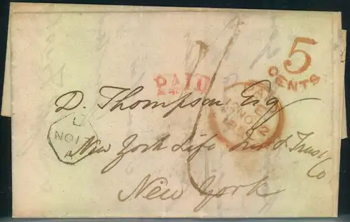 1850, folded letter with ""5 Cents"" taxation and red LONDON paid to New York.