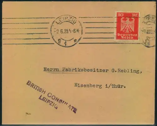 1926, envelope""BRITISH CONSULATE LEIPZIG"" to Einsenberg Thüringen