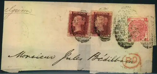 1867, large piece with 1 d ine engrved plate 96 and 3d QV with large wgite corner letters