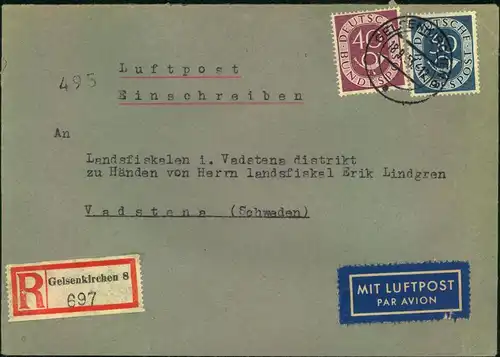 1952, Drucksache per Einscshreiben mit 4 und 2-mal 20 Pfg. Posthorn ab UELZEN. Klappe angeklebt Umschlag links etwas geb