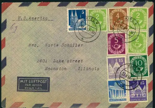 1951, Luftpostbrief mit 4 Bauten- und 6 Posthornmarken ab KIEL 27.8.51 nach USA.
