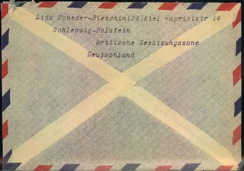 1951, Luftpostbrief mit 4 Bauten- und 6 Posthornmarken ab KIEL 27.8.51 nach USA.