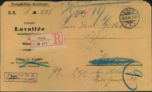1896, portopflichtige Dienstsache per Einschreiben, SINZIG