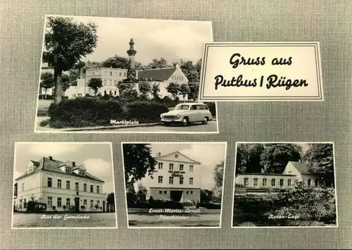 PUTBUS/RÜGEN, Marktplatz, Rat der Gemeinde,Filmtheater "Ernst-Moritz-Arndt", Rosen-Cafè, Wartburg,Auto, ungebr,ca.196