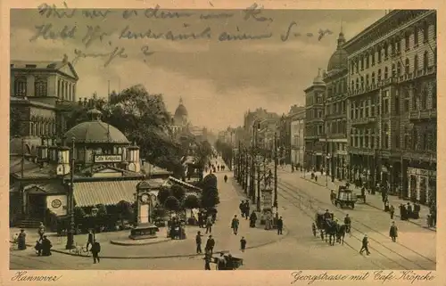HANNOVER 1925, Georgstrasse mit Cafe Kröpcke, Pferdekutsche, -wagen, gelaufen