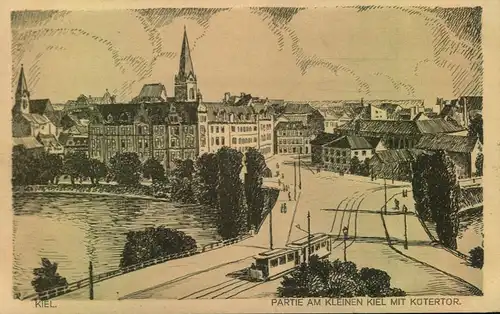 KIEL 1923; Partie am kleinen Kiel m. Kütertor, ehem. Stadttor am Ende der Küterstr.,gelaufen, Straßenbahn, Brücke