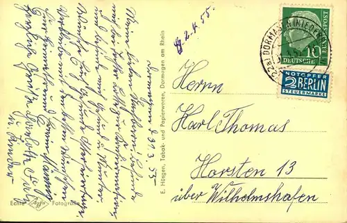 DORMAGEN a. Rhein 1955, Rathaus, Rheinpartie, Boote, Schiffe, Kirche, gelaufen