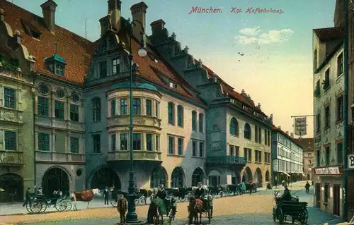 MÜNCHEN 1915, Königl. Hofbräuhaus, Pferdekutschen, Bier, Restaurant, gelaufen