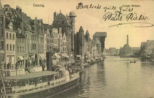 DANZIG 1915, Lange Brücke, als Feldpost gelaufen, Moldau, Schiffe