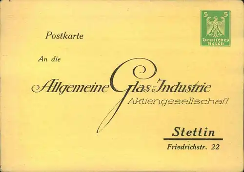 1924, Privatganzsachenkarte 5 Pfg. Wappen ""An die Allgemeine Glasindustrie - Stettin"", sauber ungebraucht.