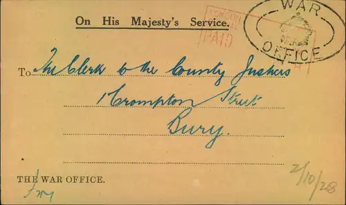 1928, receipt of a letter by WAR OFFICE.