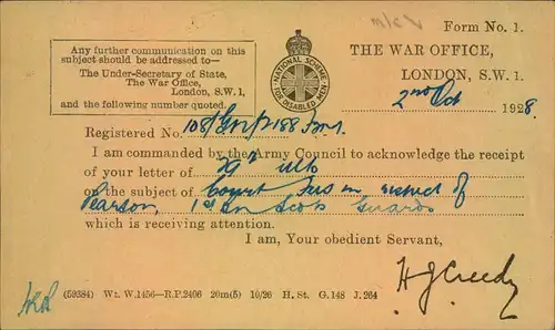 1928, receipt of a letter by WAR OFFICE.