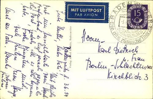 1954, Luftpostkarte mit EF 15 Pfg. Posthorn ab BADENWEILER nach Berlin. (100,- ME)