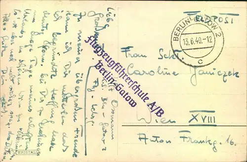 1940, Feldpostkarte ab BERLIN-GATOW mit Absenderstempel ""Flugzeugführerschule A/B - Berlin-Gatow""