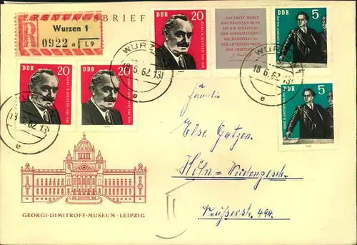 1962, 80. Geburtstag von Georgi M. Dimitrow. FDC mit Zusatzfrankatur ab WURZEN 18.6.62. (75,- + ME)