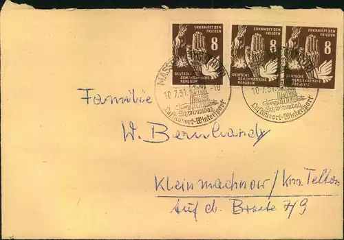 1951, 8 Pfg. frieden dreimal auf Fernbrief ab MASSERBERG/Thrütingen