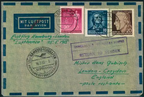 1955, DDR Zuleitung zumErstflug LUFTHANSA (West) HAMBURG-LONDON ab Fuhlsbüttel 18.5.55