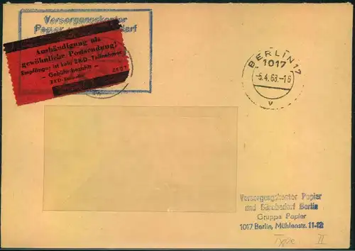 1968, ZKD-Brief mit Absender ""Versorgungskontor Papier und Bürobedarf"" ""BERLIN 17-1017"", rot/schwarzer Aufkleber ""A